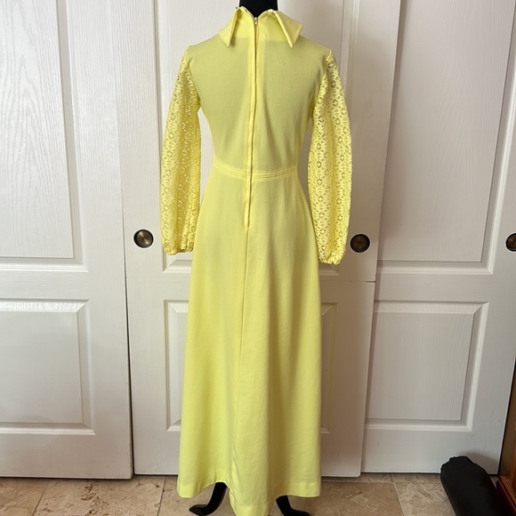 VTG 60s 70s BRIGHT YELLOW MODEST MAXI DRESS LACE SLEEVES PROM GOWN - Picture 4 of 4